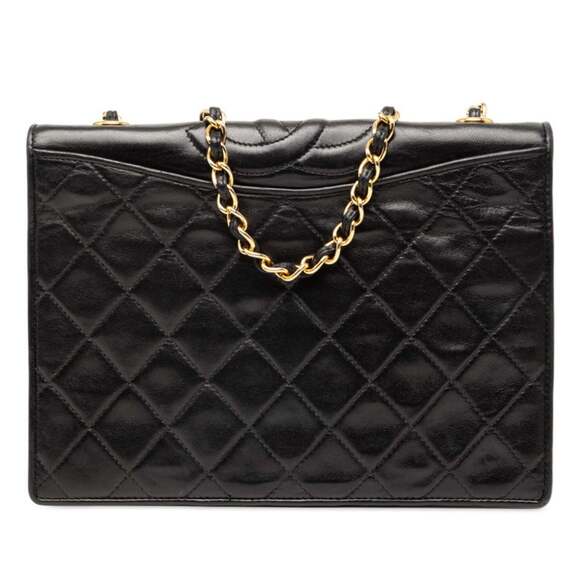 CHANEL Handbags - CHANEL Black Lambskin Leather Logo Shoulder Bag